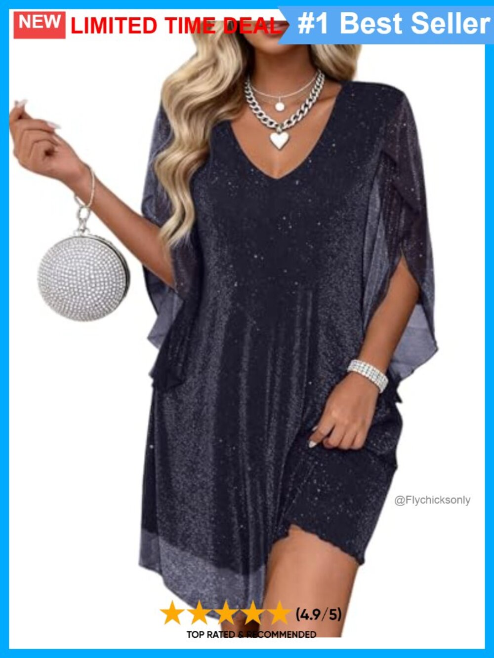 Sparkly V-Neck Chiffon Cocktail Dress 3/4 Flutter Sleeve Mini